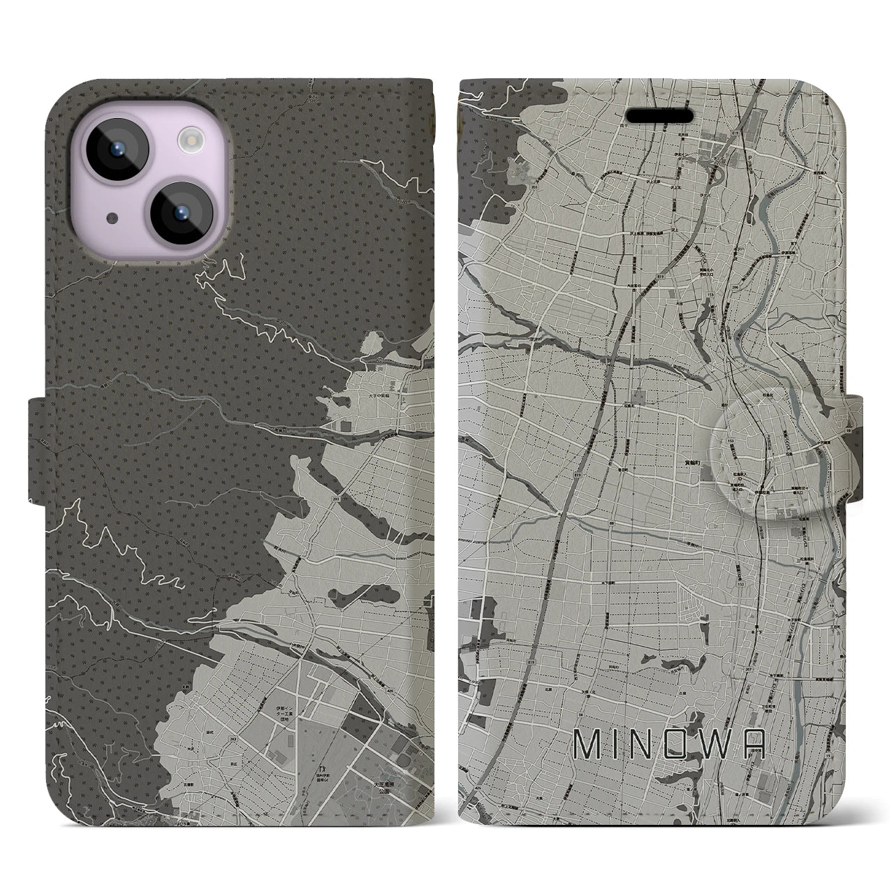 【箕輪】地図柄iPhoneケース（手帳両面タイプ・モノトーン）iPhone 14 用