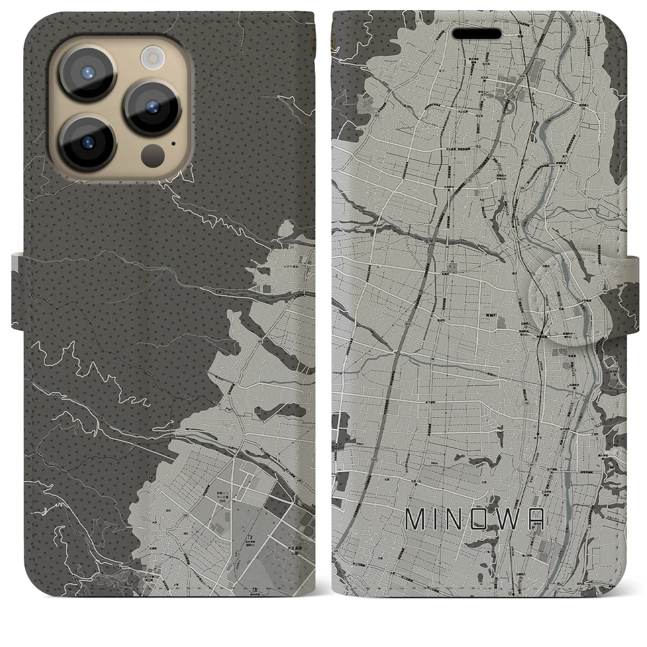 【箕輪】地図柄iPhoneケース（手帳両面タイプ・モノトーン）iPhone 14 Pro Max 用