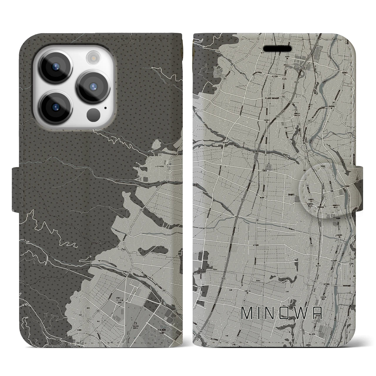 【箕輪】地図柄iPhoneケース（手帳両面タイプ・モノトーン）iPhone 14 Pro 用