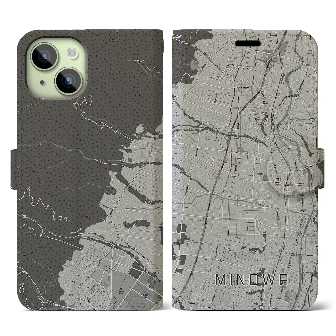 【箕輪】地図柄iPhoneケース（手帳両面タイプ・モノトーン）iPhone 15 用
