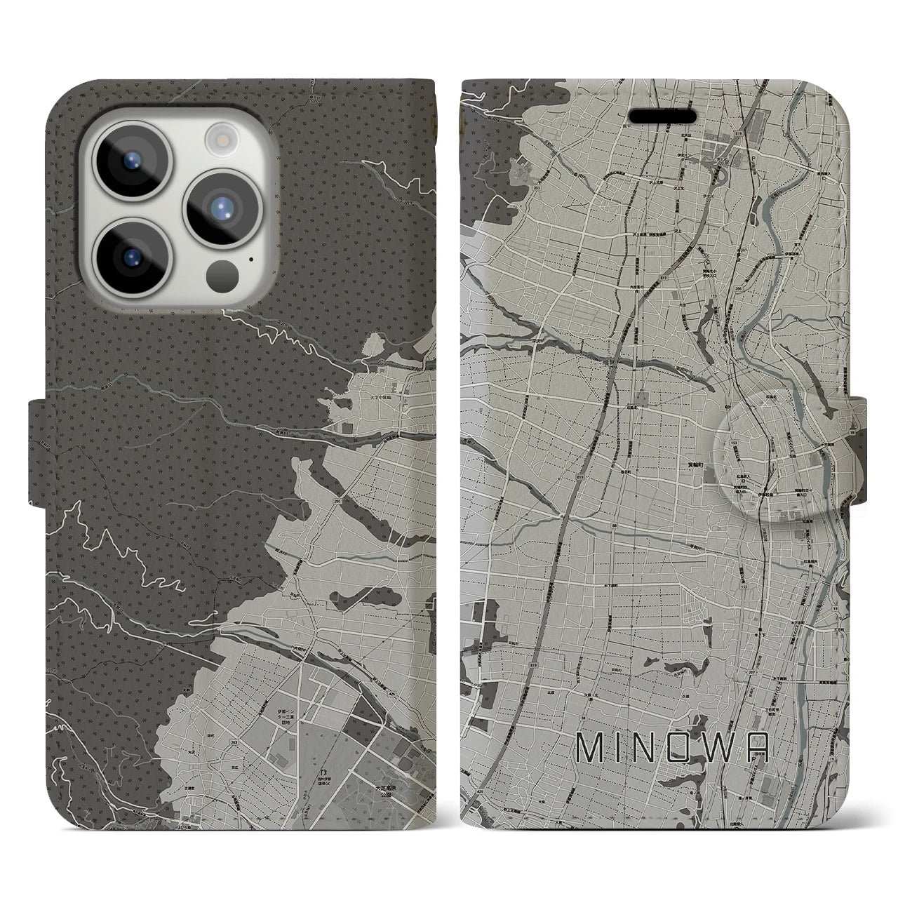 【箕輪】地図柄iPhoneケース（手帳両面タイプ・モノトーン）iPhone 15 Pro 用
