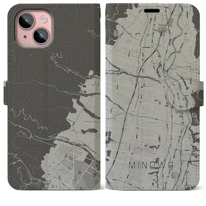 【箕輪（長野県）】地図柄iPhoneケース（手帳タイプ）モノトーン・iPhone 15 Plus 用