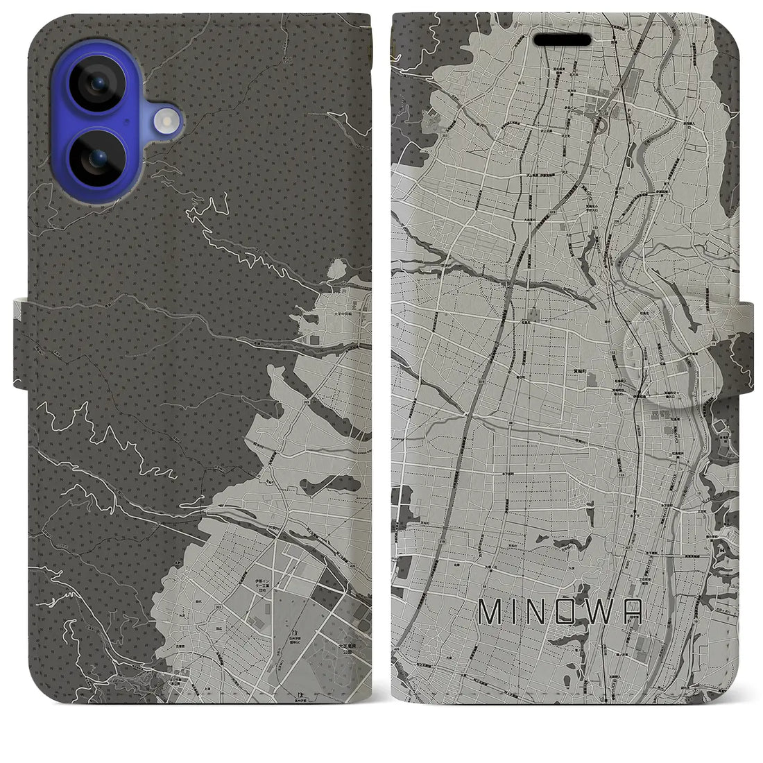 【箕輪(長野県)】地図柄iPhoneケース(手帳タイプ)モノトーン・iPhone 16 Pro Max 用