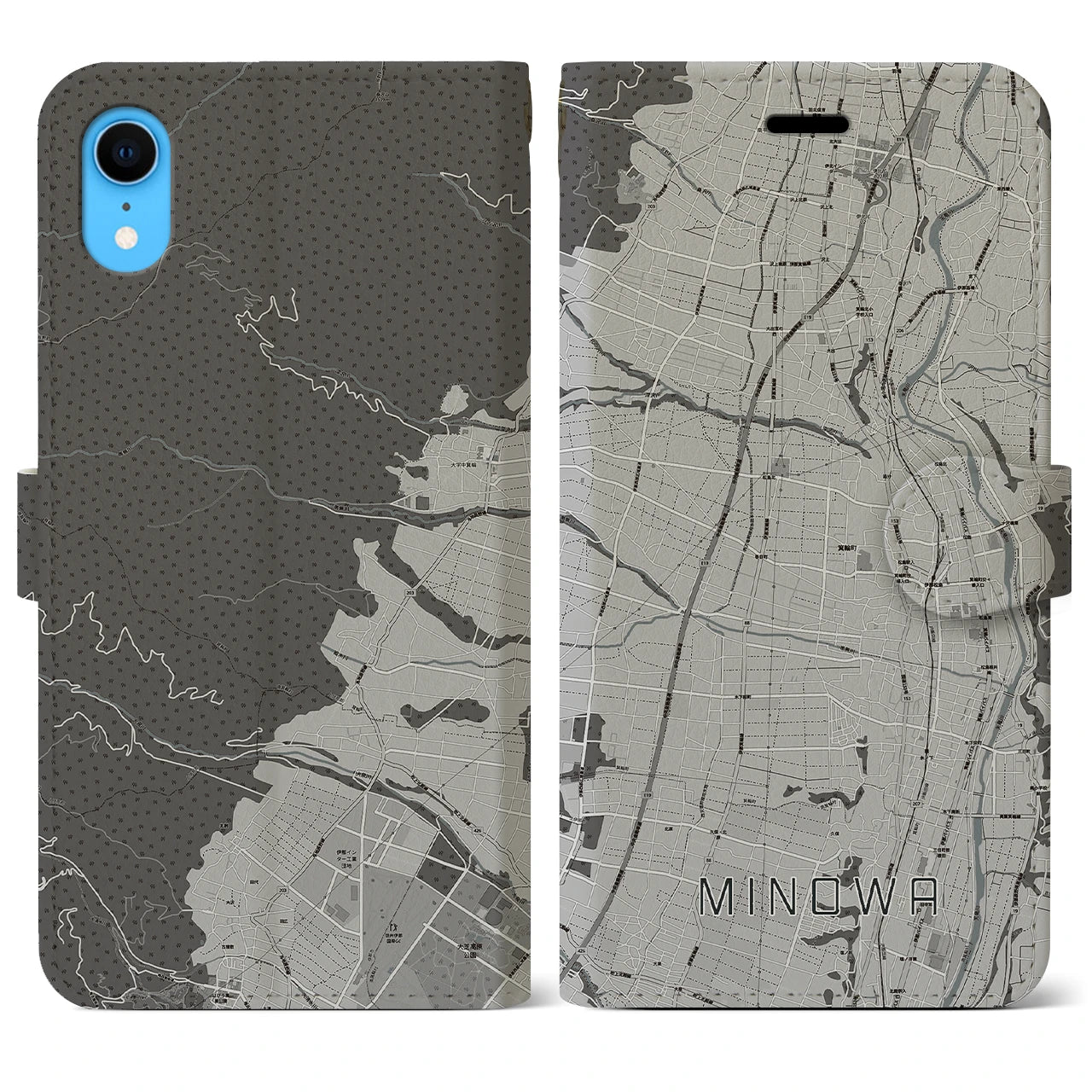 【箕輪】地図柄iPhoneケース（手帳両面タイプ・モノトーン）iPhone XR 用