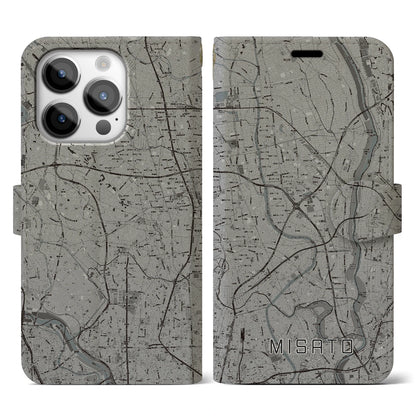 【三郷（埼玉県）】地図柄iPhoneケース（手帳タイプ）モノトーン・iPhone 14 Pro 用