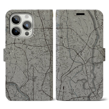 【三郷（埼玉県）】地図柄iPhoneケース（手帳タイプ）モノトーン・iPhone 15 Pro 用