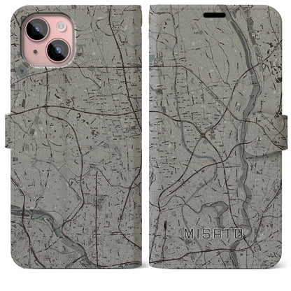 【三郷（埼玉県）】地図柄iPhoneケース（手帳タイプ）モノトーン・iPhone 15 Plus 用