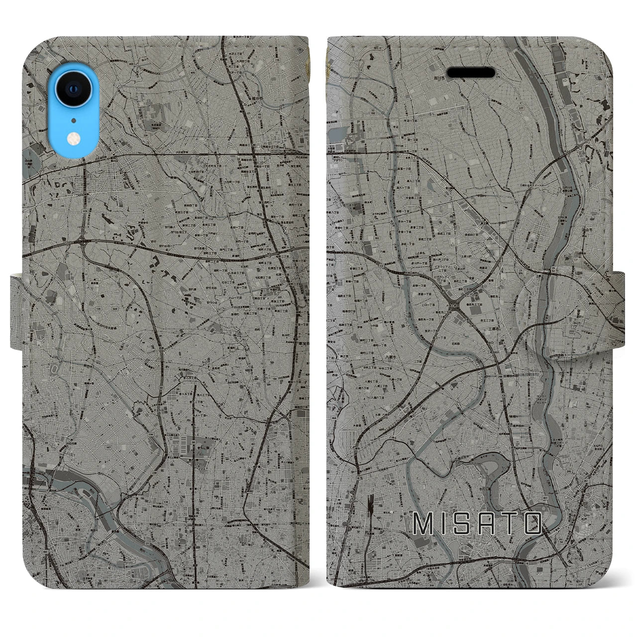 【三郷】地図柄iPhoneケース（手帳両面タイプ・モノトーン）iPhone XR 用