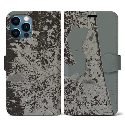 【三沢（青森県）】地図柄iPhoneケース（手帳タイプ）モノトーン・iPhone 12 / 12 Pro 用