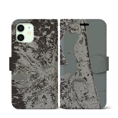 【三沢（青森県）】地図柄iPhoneケース（手帳タイプ）モノトーン・iPhone 12 mini 用