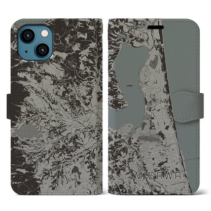 【三沢（青森県）】地図柄iPhoneケース（手帳タイプ）モノトーン・iPhone 13 用