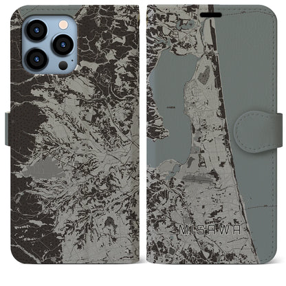 【三沢（青森県）】地図柄iPhoneケース（手帳タイプ）モノトーン・iPhone 13 Pro Max 用