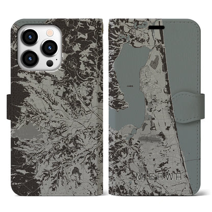 【三沢（青森県）】地図柄iPhoneケース（手帳タイプ）モノトーン・iPhone 13 Pro 用