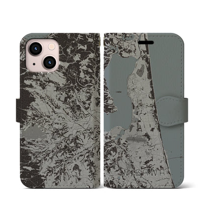 【三沢（青森県）】地図柄iPhoneケース（手帳タイプ）モノトーン・iPhone 13 mini 用
