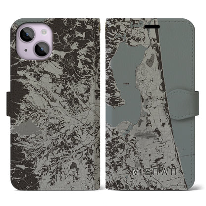 【三沢（青森県）】地図柄iPhoneケース（手帳タイプ）モノトーン・iPhone 14 用