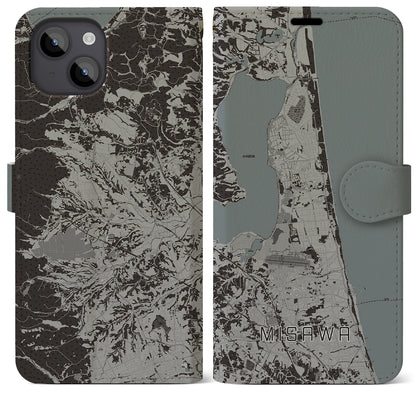 【三沢（青森県）】地図柄iPhoneケース（手帳タイプ）モノトーン・iPhone 14 Plus 用