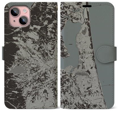 【三沢（青森県）】地図柄iPhoneケース（手帳タイプ）モノトーン・iPhone 15 Plus 用