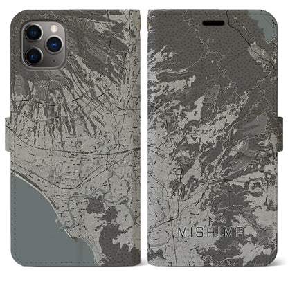 【三島（静岡県）】地図柄iPhoneケース（手帳タイプ）モノトーン・iPhone 11 Pro Max 用