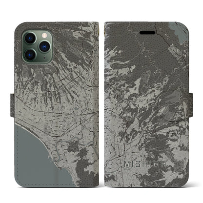 【三島（静岡県）】地図柄iPhoneケース（手帳タイプ）モノトーン・iPhone 11 Pro 用