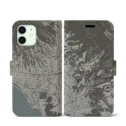 【三島（静岡県）】地図柄iPhoneケース（手帳タイプ）モノトーン・iPhone 12 mini 用
