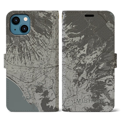 【三島（静岡県）】地図柄iPhoneケース（手帳タイプ）モノトーン・iPhone 13 用