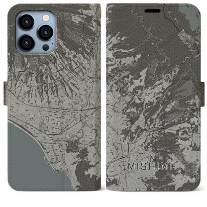 【三島（静岡県）】地図柄iPhoneケース（手帳タイプ）モノトーン・iPhone 13 Pro Max 用