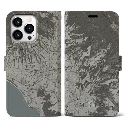 【三島（静岡県）】地図柄iPhoneケース（手帳タイプ）モノトーン・iPhone 13 Pro 用