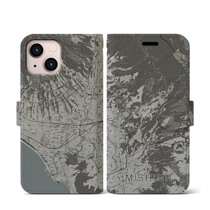 【三島（静岡県）】地図柄iPhoneケース（手帳タイプ）モノトーン・iPhone 13 mini 用