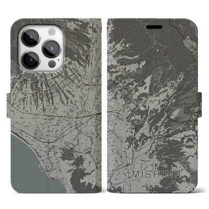 【三島（静岡県）】地図柄iPhoneケース（手帳タイプ）モノトーン・iPhone 14 Pro 用