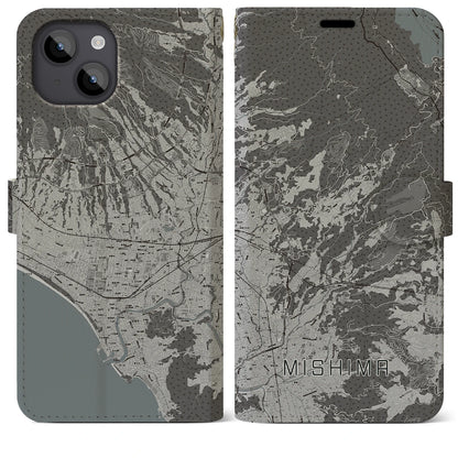 【三島（静岡県）】地図柄iPhoneケース（手帳タイプ）モノトーン・iPhone 14 Plus 用