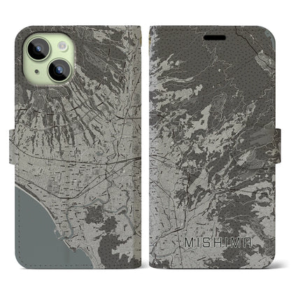 【三島（静岡県）】地図柄iPhoneケース（手帳タイプ）モノトーン・iPhone 15 用