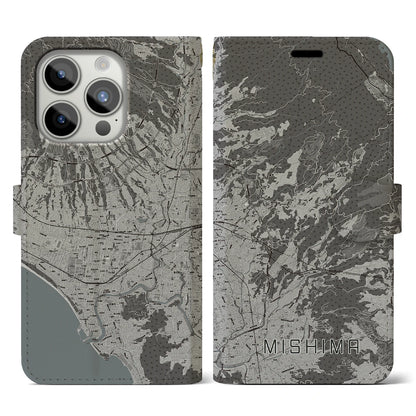 【三島（静岡県）】地図柄iPhoneケース（手帳タイプ）モノトーン・iPhone 15 Pro 用