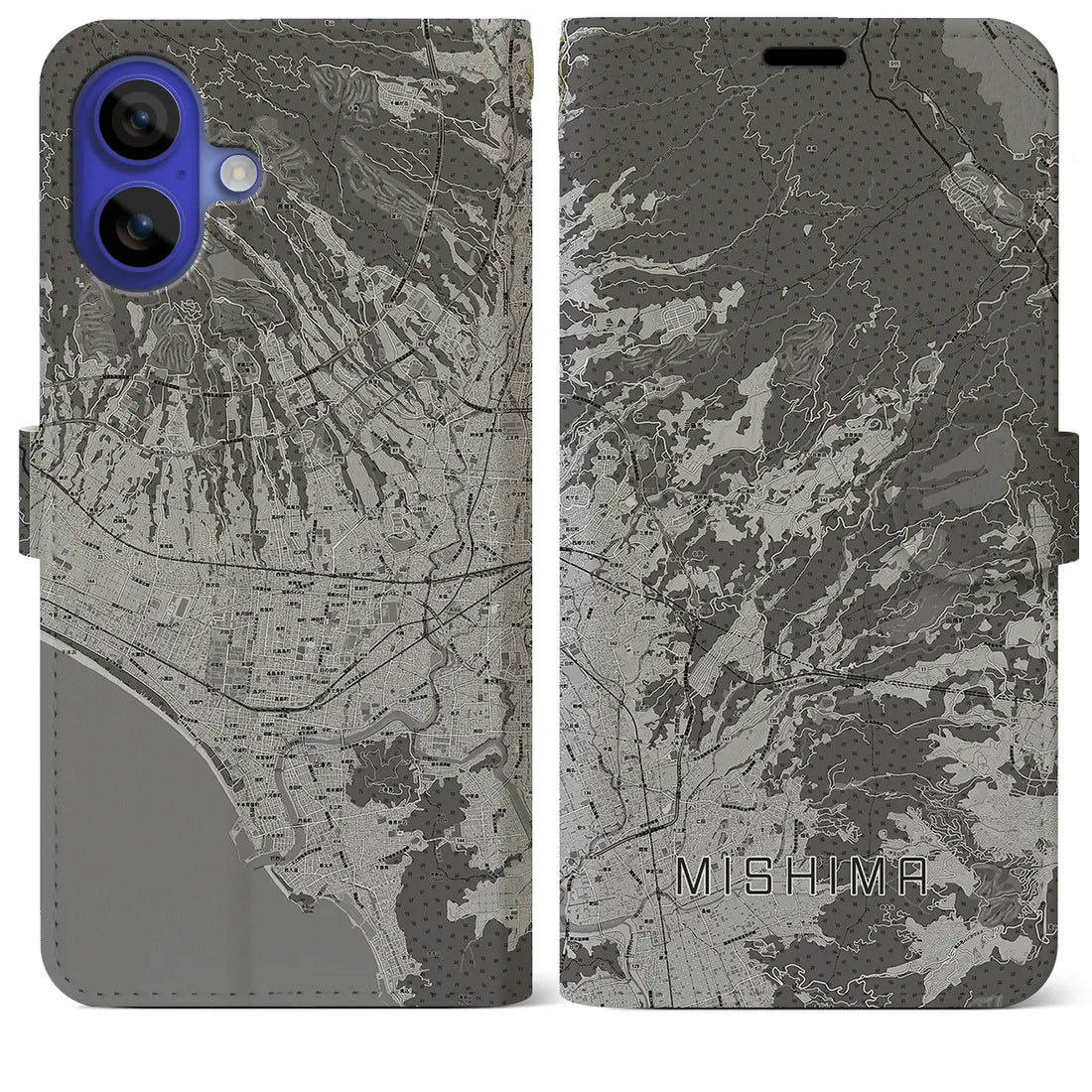 【三島(静岡県)】地図柄iPhoneケース(手帳タイプ)モノトーン・iPhone 16 Pro Max 用