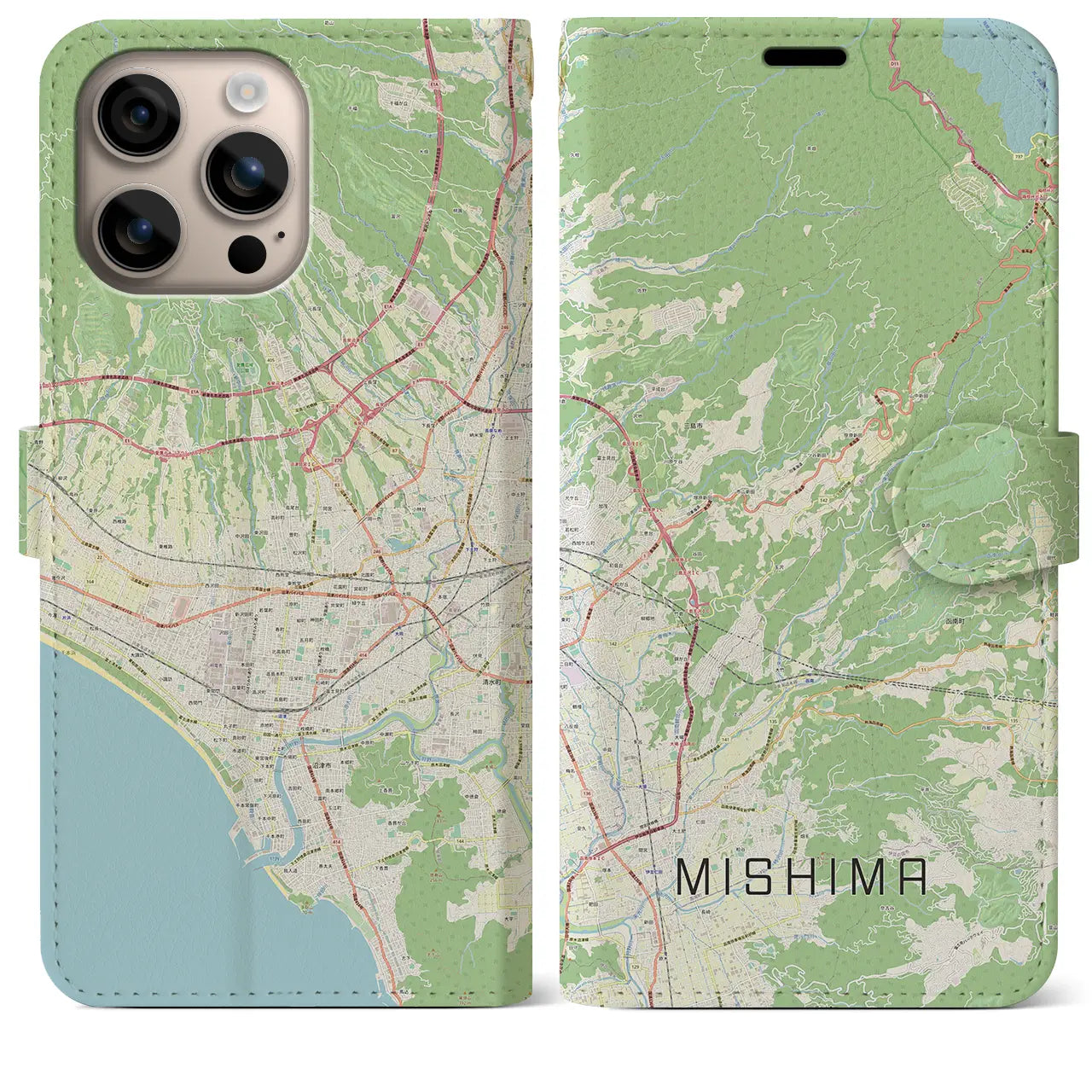 【三島（静岡県）】地図柄iPhoneケース（手帳タイプ）ナチュラル・iPhone 16 Plus 用