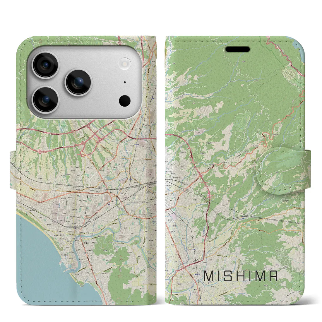 【三島（静岡県）】地図柄iPhoneケース（手帳タイプ）ナチュラル・iPhone 17 Pro Max 用