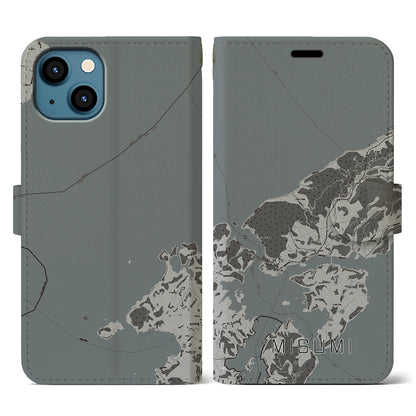 【三角（熊本県）】地図柄iPhoneケース（手帳タイプ）モノトーン・iPhone 13 用