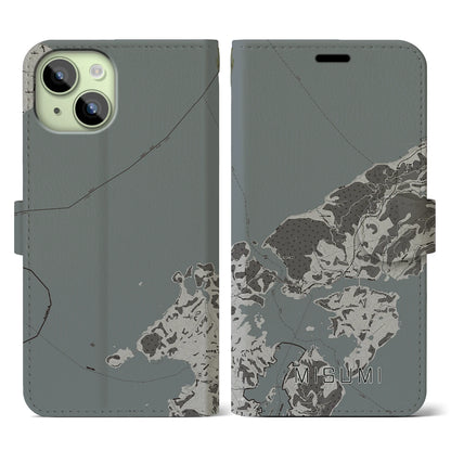 【三角（熊本県）】地図柄iPhoneケース（手帳タイプ）モノトーン・iPhone 15 用