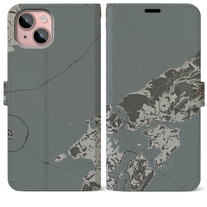 【三角（熊本県）】地図柄iPhoneケース（手帳タイプ）モノトーン・iPhone 15 Plus 用