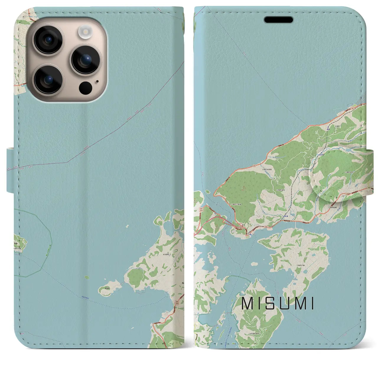 【三角（熊本県）】地図柄iPhoneケース（手帳タイプ）ナチュラル・iPhone 16 Plus 用