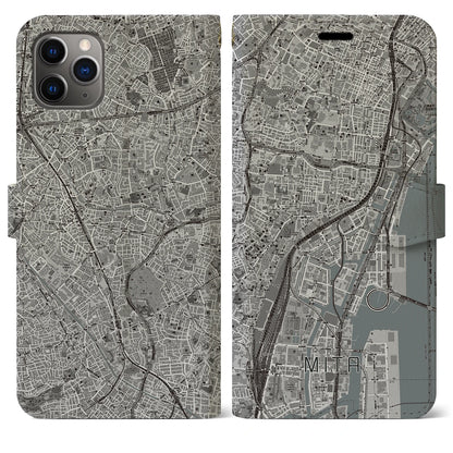 【三田（東京都）】地図柄iPhoneケース（手帳タイプ）モノトーン・iPhone 11 Pro Max 用