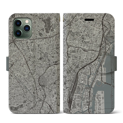 【三田（東京都）】地図柄iPhoneケース（手帳タイプ）モノトーン・iPhone 11 Pro 用