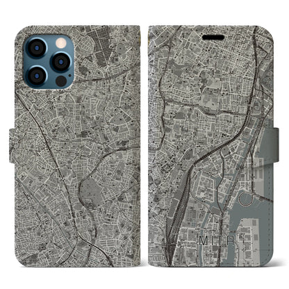 【三田（東京都）】地図柄iPhoneケース（手帳タイプ）モノトーン・iPhone 12 / 12 Pro 用