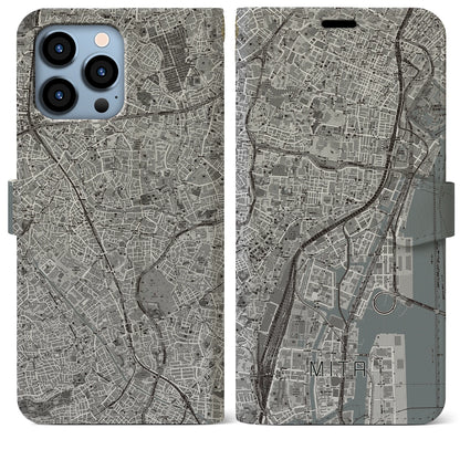 【三田（東京都）】地図柄iPhoneケース（手帳タイプ）モノトーン・iPhone 13 Pro Max 用
