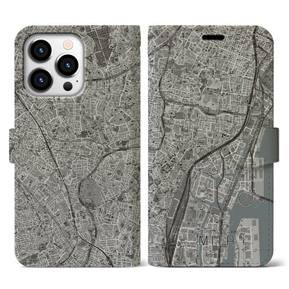【三田（東京都）】地図柄iPhoneケース（手帳タイプ）モノトーン・iPhone 13 Pro 用