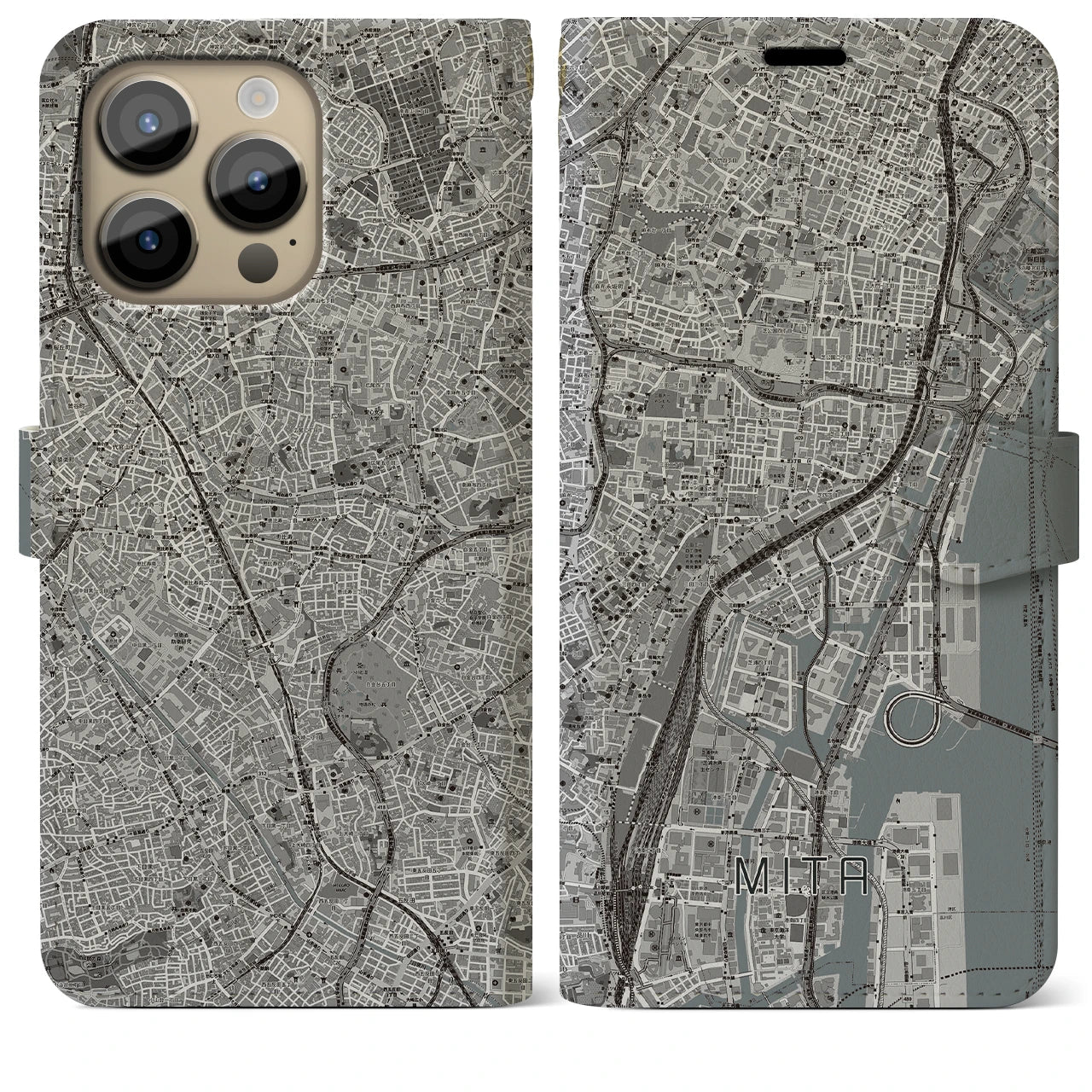 【三田（東京都）】地図柄iPhoneケース（手帳両面タイプ・モノトーン）iPhone 14 Pro Max 用
