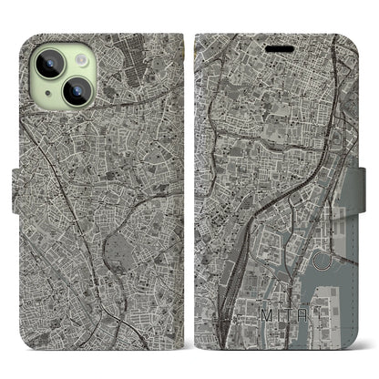 【三田（東京都）】地図柄iPhoneケース（手帳タイプ）モノトーン・iPhone 15 用