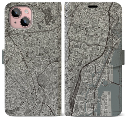 【三田（東京都）】地図柄iPhoneケース（手帳タイプ）モノトーン・iPhone 15 Plus 用