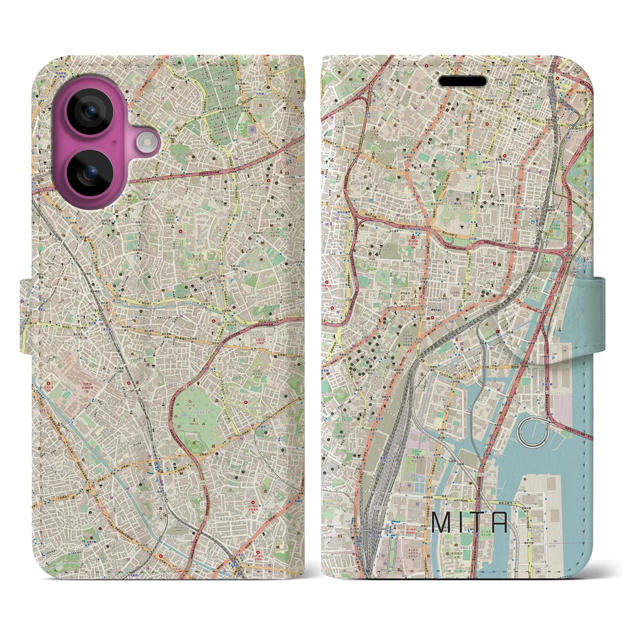 【三田（東京都）】地図柄iPhoneケース（手帳タイプ）ナチュラル・iPhone 16 Pro 用