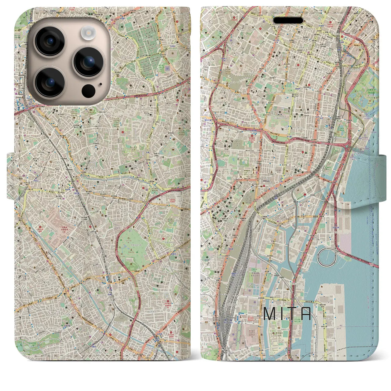 【三田（東京都）】地図柄iPhoneケース（手帳タイプ）ナチュラル・iPhone 16 Plus 用