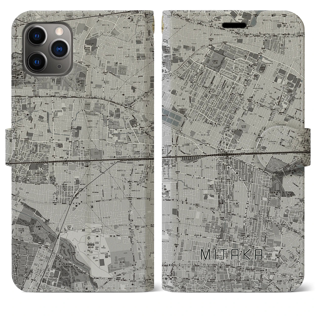 【三鷹】地図柄iPhoneケース（手帳両面タイプ・モノトーン）iPhone 11 Pro Max 用